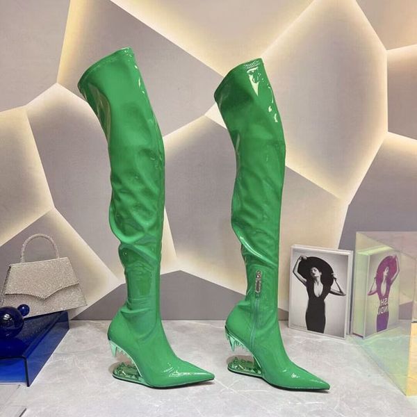 Fashion Week Star bottes en cuir au genou avec semelles en cuir cousues hautes bottes en cuir verni pour femmes 35-41