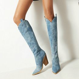 Fashion Western Femmes 139 Denim Knee High Heels Automne Hiver Cowboy Bottes Slip on Woman Chaussures Big Taille 43 230807 296
