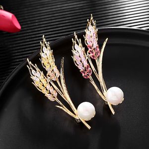 Mode Tarwe Ear Pearl Broches Pins Luxe Merk Sieraden Kubieke Zirconia Verklaring Plant Corsage Elegante Temperament Broche