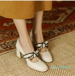 Fashion-White Black Mary Jane Shoes Haut talon épais Escarpins à nœud papillon Chaussures de fête de mariage