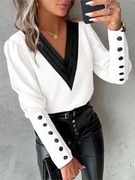 Mode Witte Blouse Vrouwen 2024 Lange Mouw V-hals Casual Trui Elegant Office Lady Roze Tops Shirts Femme 240102