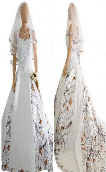 Vestidos de novia de camuflaje blanco de moda con velo de encaje de satén Apliques vestidos de novia de encaje de camuflaje largo y personalizado new9061663