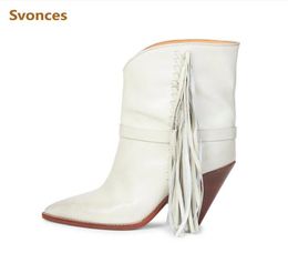 Mode witte franje Midcalf laarzen vrouw spikes hielen vaste microvezel puntige teen botas fabrieks schoenen dames 6898244