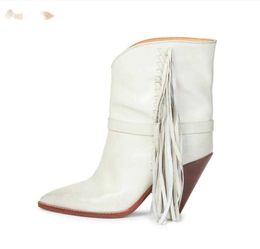 Mode Witte Fringe MidKalf Laarzen Vrouw Spikes Hakken Effen Microfiber Puntschoen Botas Fabriek Aanpassen Schoenen Dames
