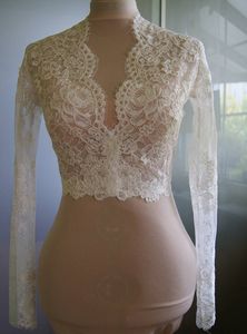 Moda Blanco Marfil Encargo nupcial Envolturas de boda Chaqueta Diseñador barato Encaje Mangas largas Cuello en V Estilo Boda romántica Bolero 247r