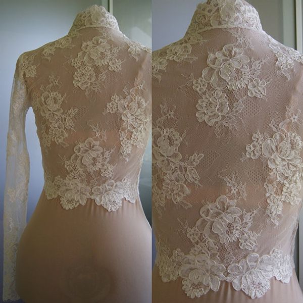 Moda blanco marfil personalizado nupcial envolturas de boda chaqueta diseñador barato encaje mangas largas cuello en V estilo boda romántica Bolero 2264