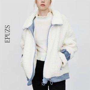 Mode witte lamswol jas vrouwen winterjas streetwear lange mouw dikke vrouw 210521