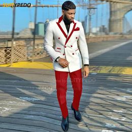 Moda White Men Suits Slim Fit Doble Breaded Blazer Pants 2 Pieces Tailorsmade Luxury Business Fiesta de bodas para 240312