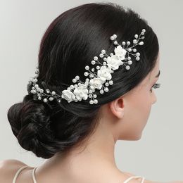 Fashion White Pearls Bridal Headpieces Hair Pins Floral Flower Bridal Half Up Bruid Hairs Accessoires Vintage Krans Wedding Comb