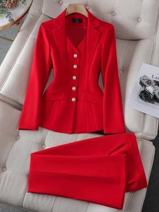 Mode Wit Rood Zwart Blazer Jas En Broek Pak Broek Vrouwen Vrouwelijke Kantoor Dames Werkkleding Formele 2 Delige Set 240112