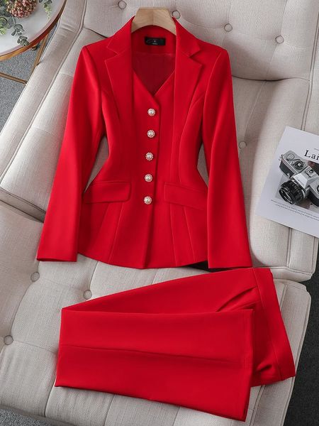 Mode blanc rouge noir Blazer veste et pantalon costume pantalon femme bureau dames vêtements de travail formel 2 pièces ensemble 240226