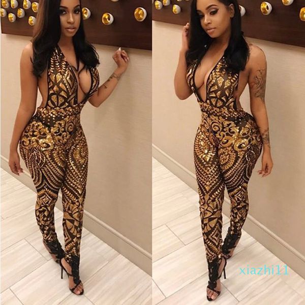 Moda-Venta al por mayor- Nuevo Llegada Mejor Calidad 2017 Profundo V Cuello de oro Bodycon Bodycon Jumpsuit Sexy sin mangas Longitud completa Dumpsuit Verano Romper