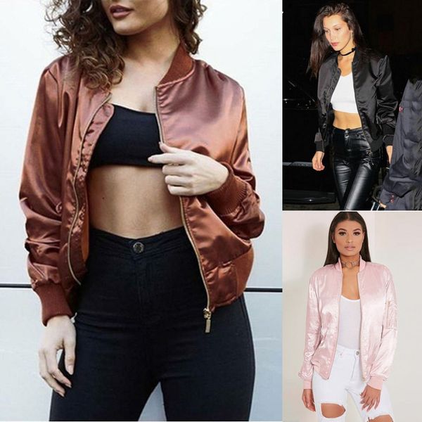 Fashion-Wholesale- Vintage Women Satin Bomber Jacket Coat Flight Army Biker Retro Zip Up outwear