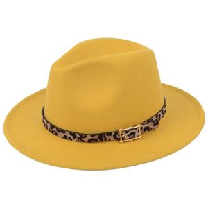 Mode brede runder fedora hoeden luipaard print riem decoreren wol vilt fedoras hoed caps mannen vrouwen jazz panama cap trilby sombrero259a