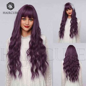 Perruque de mode Qi frange raisin violet longs cheveux bouclés moelleux belle fête Cosplay femmes 220527