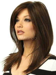 Peluca de moda Pelucas de cabello natural recto de oro marrón oscuro medio largo de mujer sexy