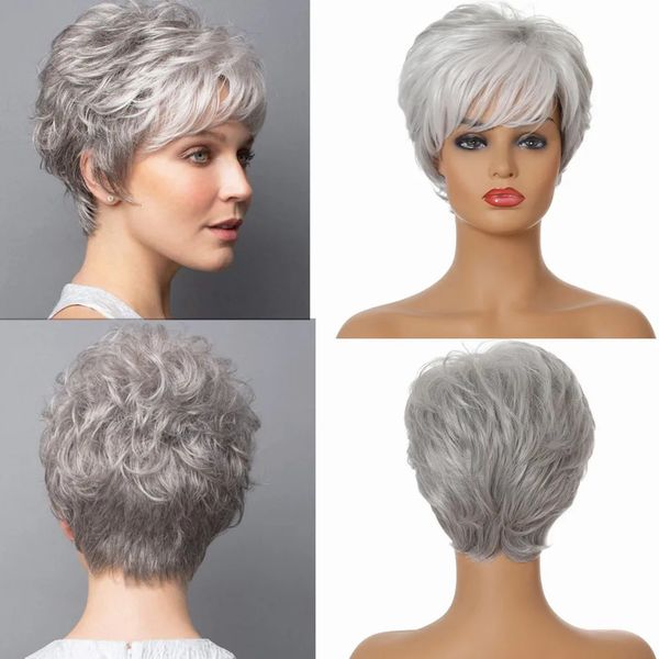 Perruques de mode femmes cheveux synthétiques courts bouclés gris blanc couleur mixte Oblique Bang tête couverture 240115