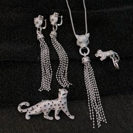 Mode sauvage exagéré luxueux collier tête de léopard glands diamants complets boucle d'oreille fête d'anniversaire cadeau designer ensembles de bijoux PKC039