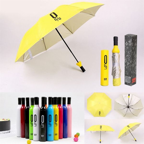 Mode Bouteille De Vin Parapluie Portable 3 Pliant Soleil-pluie UV Mini Parapluie Résistant Au Vent Femmes Hommes Cadeaux Créatifs Personnalisé 201112