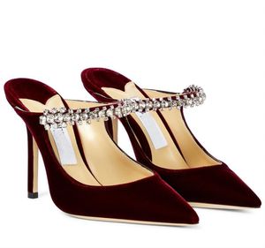 Mode Vin-rouge / Noir Velours Bing Sandales Chaussures Sexy Bout Pointu Bretelles En Cristal Pompes Mules Dame Talons Hauts Robe De Soirée De Mariage Cadeau De Mariée Avec Boîte EU35-43