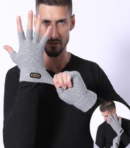 Mode hiver en acrylique laine plus moelleuse jacquard tricot chaud semi-doigt mittens hommes gants tactile à doigt complet7418426