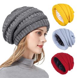 Mode hiver bonnet casquettes rayé tricot chapeaux couleur unie doublure en soie épaisse grosse casquette doux ample chaud satin doublé chapeau casquette de ski