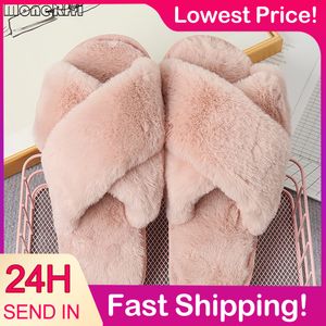 Fashion Winter Cross Slippers Fluffy Fur Slipper Home Slides Plateforme plate