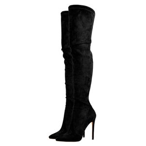 Mode-winter mode dijhoge laarzen zwart puntige tenen strekken faux suede dunne hoge hakken vrouwen schoenen lang schoenen plus plus
