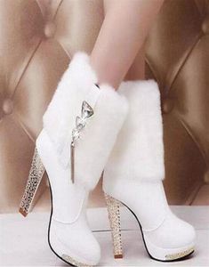 Fashion Winter High Heel Boots Snow Women039s Chunky Heel Hingestone Plateforme Faux Top Boots de la cheville287x4430444
