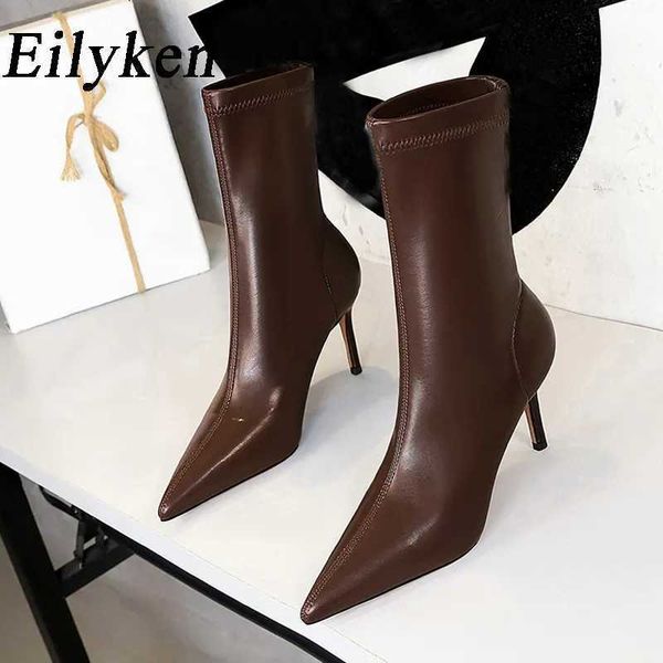 Moda invierno calcetines de cuero suave de alta calidad botas de tobillo estilo callejero punta puntiaguda tacones finos señoras botines 230922