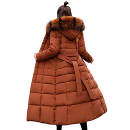 Mode Veste D'hiver Femmes Grande Ceinture De Fourrure À Capuche Épais Vers Le Bas Parkas X-long Femme Veste Manteau Mince Chaud Hiver Outwear 2019 Nouveau Y190828