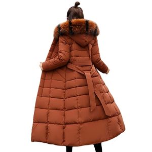 Mode hiver veste femmes grande fourrure ceinture à capuche épais vers le bas Parkas x-long femme veste manteau mince chaud vêtements d'extérieur 210204