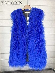 Mode hiver mi Long moelleux fausse fourrure Gilet femmes coloré mongolie mouton Gilet fausse veste manteaux