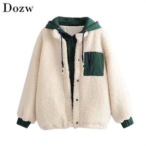 Mode Hiver Chaud À Capuchon Teddy Manteau Femmes Patchwork À Manches Longues Poche Veste Femme Lâche Casual Peluche Fausse Fourrure Manteau 210414