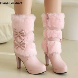 Moda invierno para mujer botas de tacón alto rosa blanco piel negra borla pajarita encantadora lolita damas zip fiesta zapatos de boda 3343 231221
