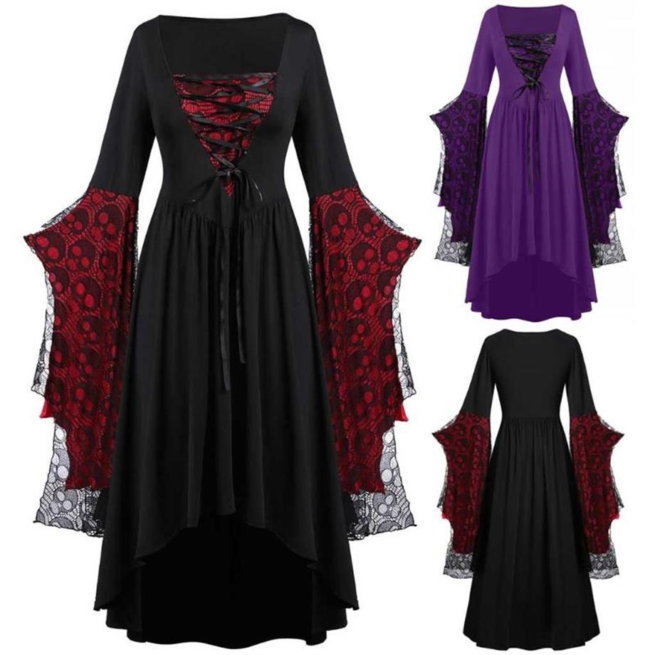 Disfraz de bruja de moda para Halloween, vestido de calavera de talla grande, disfraz de manga de murciélago de encaje 293O