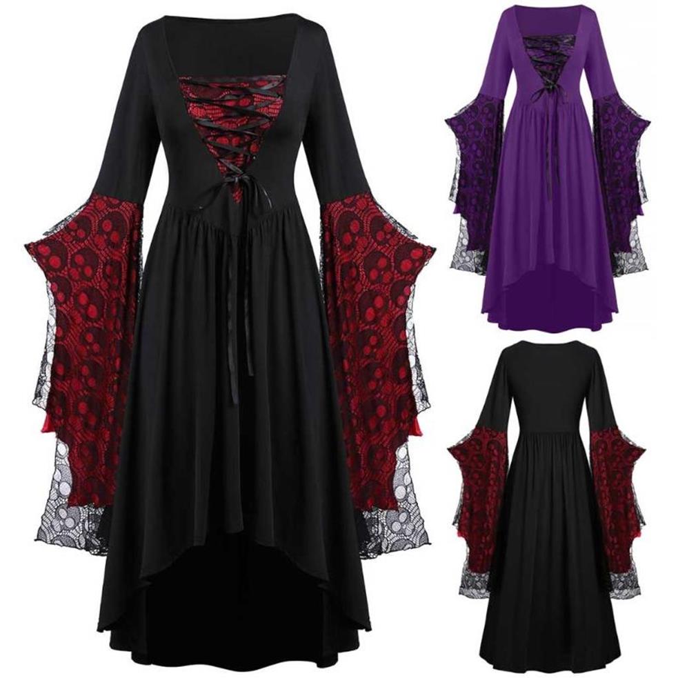 Moda czarownica cosplay kostium Halloween w rozmiarze sukni czaszki koronkowy rękaw z rękawami nietoperzy 296h