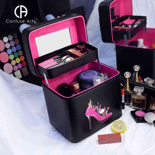 Mode avec un miroir sac cosmétique boîte de rangement professionnelle femmes grande capacité trousse de maquillage organisateur portable jolie valise 220820