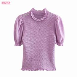 Moda con bottoni Girocollo arricciato Maniche corte T-shirt da donna Vintage Purple Stretch Short Chic Top donna 210507