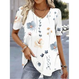 Fashion Woman Bloses 2024 Camiseta para mujer estampado de flores 3d White Kawaii Vneck THISH TOPA Mujer Tops de verano Tops 240521