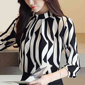 Mode femme Blouses noir blanc rayé en mousseline de soie Blouse haut pour femme haut pour femme et chemisiers à manches longues femmes chemises A153 210426