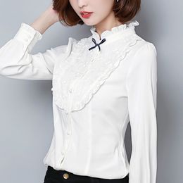 Mode vrouw blouses stand kraag kant chiffon blouse shirt vrouwen tops witte blouse lange mouw blouse vrouwen blusas C598 210602