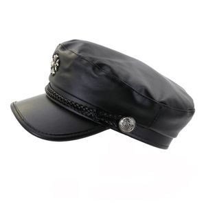 Mode Vrouw Lederen Zwarte Militaire Hoed Cabbie GLB met Braid Trim Womens Dames Piek Caps Flat Haltes Outdoor Sun Visor Cap
