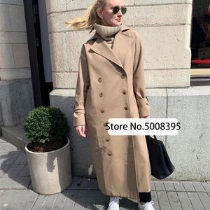 Mode Femme Pise Trench Coat Blackkhaki Mélange de coton à double boutonnage Drop Épaule Poignets ceinturés Manteaux longs surdimensionnés 201030