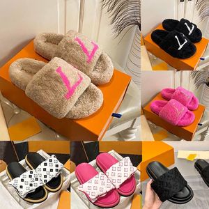 2024 top platform slipper pluizige vrouw sandalen bont roze slippers platte designer sandaal schuimrubber zwarte wol fuzzy slides loafers coach sandels harige chinese glijbaan