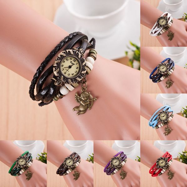 Pulsera de mujer de moda Relojes de múltiples capas Tejido de cuero Cupido Punk Charm Bangle Reloj de cuarzo para mujer Joyería de lujo DIY al por mayor a granel