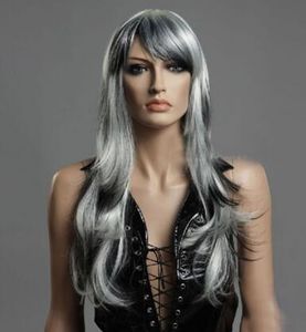 Perruques complètes de cheveux naturels longs noirs + blancs pour femmes