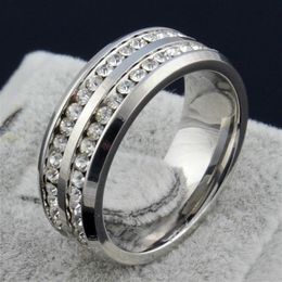Moda feminina 2 fileiras cz anéis de diamante inteiro s925 cor prata anéis de casamento de aço inoxidável para festa feminina jóias296b