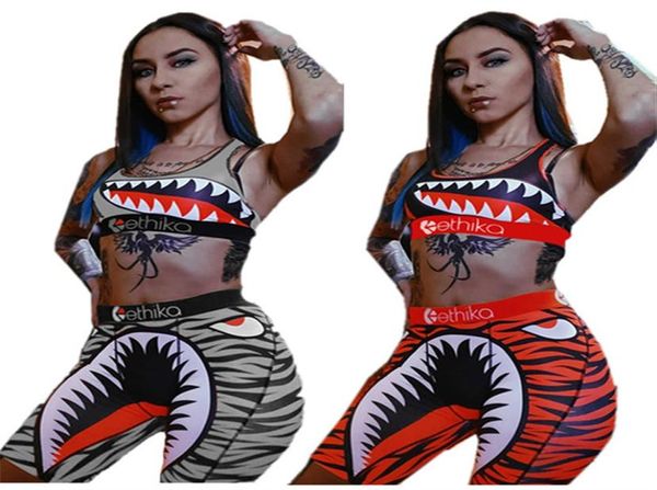 Moda mujer atractivo traje de baño ropa de playa de verano chaleco sujetador deportivo pantalones cortos de baño trajes de dos piezas traje de baño con estampado de tiburones bodycon bi6649382