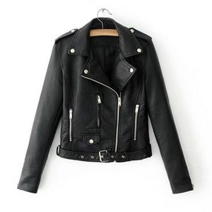Mode-femmes automne hiver noir Faux cuir vestes Zipper basique manteau col rabattu Biker veste avec Blet